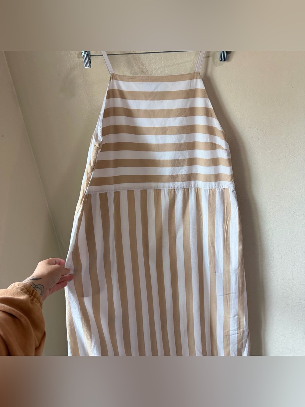 & Other Stories Striped Cotton Midi Dress Size 8 Tan White Mixed Stripe Sundress - Picture 5 of 12